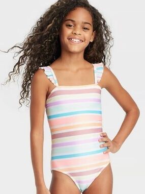 Cat & Jack Pastel Rainbow Stripe One-Piece Swimsuit Sz M (8)